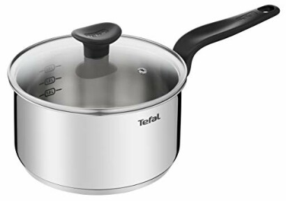 Casserole Tefal en acier inoxydable avec couvercle en verre.