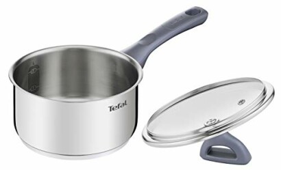 Casserole en acier inoxydable Tefal avec couvercle à côté.