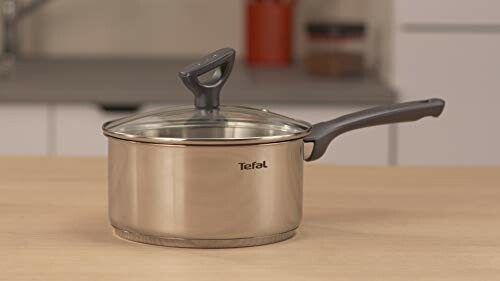 Casserole en acier inoxydable Tefal avec couvercle en verre.