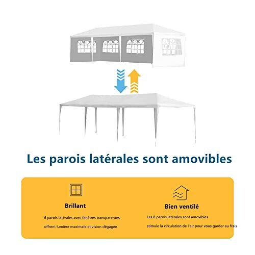 Tente blanche avec parois latérales amovibles et fenêtres transparentes.