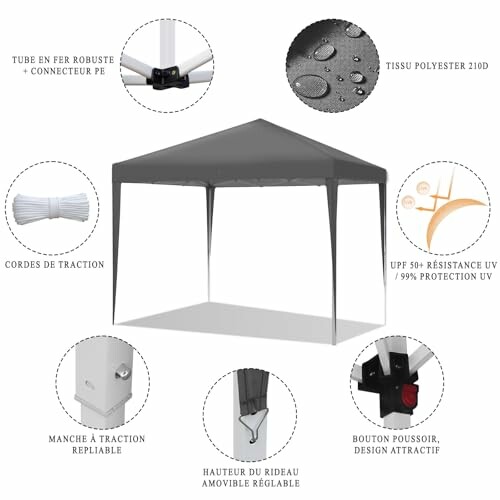 Tente pliante imperméable avec caractéristiques détaillées.