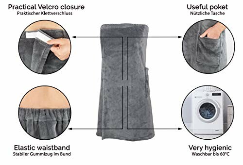 Schéma d'une robe de bain en tissu éponge avec fermeture velcro, poche, taille élastique, lavable.