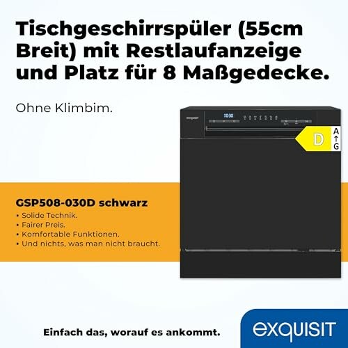 Lave-vaisselle compact noir avec affichage LED, capacité de 8 couverts.