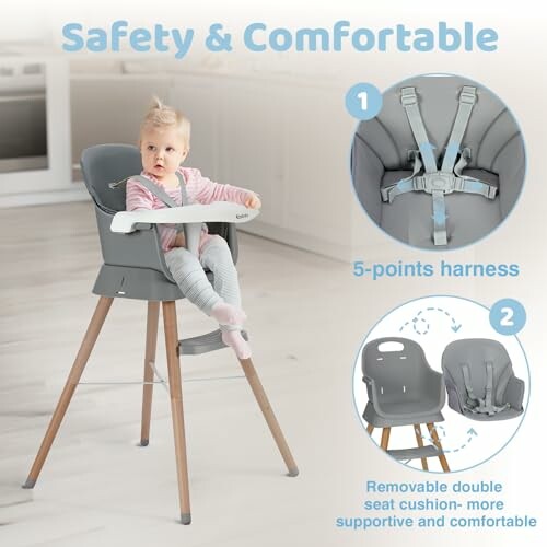 Chaise haute pour bébé avec harnais à 5 points et coussin amovible.