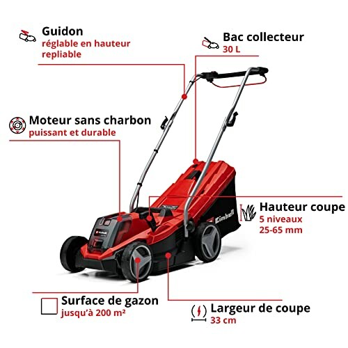 Tondeuse à gazon électrique avec caractéristiques principales étiquetées.