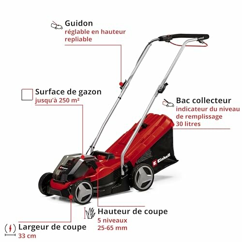 Tondeuse à gazon électrique rouge avec bac collecteur et guidon réglable