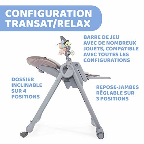 Chaise haute avec configuration transat et barre de jeux.