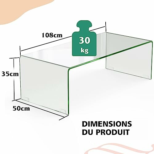 Table basse transparente avec dimensions et poids.