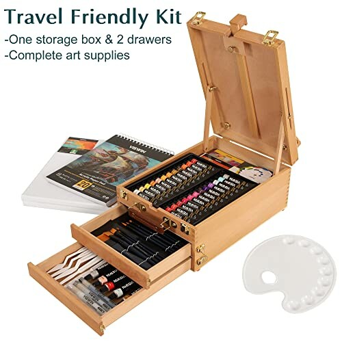 Kit d'art portable avec crayons, pinceaux et carnet de croquis.