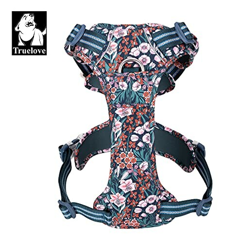 Harnais pour chien avec motif floral coloré.