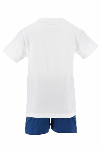 Vue arrière d'un t-shirt blanc et d'un short bleu.