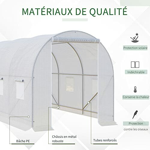 Serre avec matériaux de qualité, châssis en métal robuste, protection solaire et contre les oiseaux.