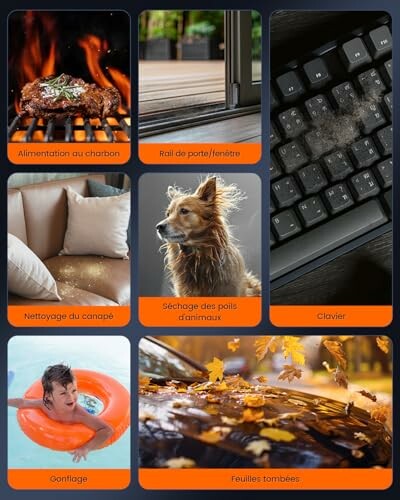 Différentes scènes quotidiennes avec barbecue, nettoyage, chien mouillé, et feuilles d'automne.