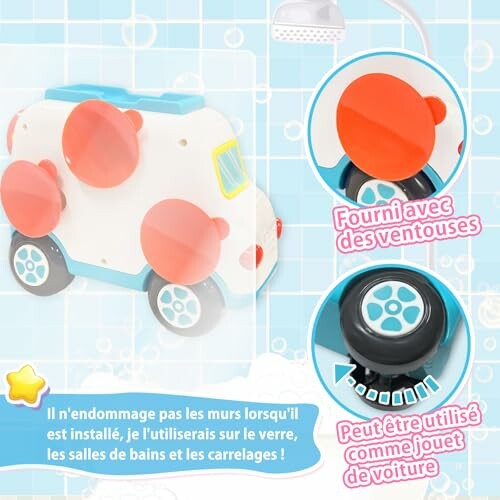 Jouet de voiture avec ventouses, idéal pour surfaces lisses.