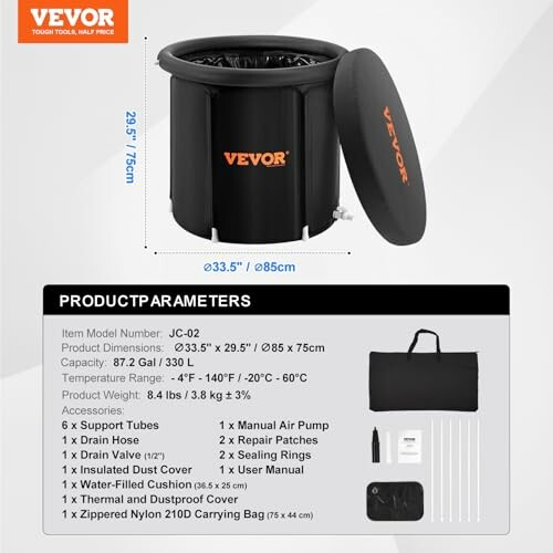 Sauna portable Vevor avec accessoires et dimensions