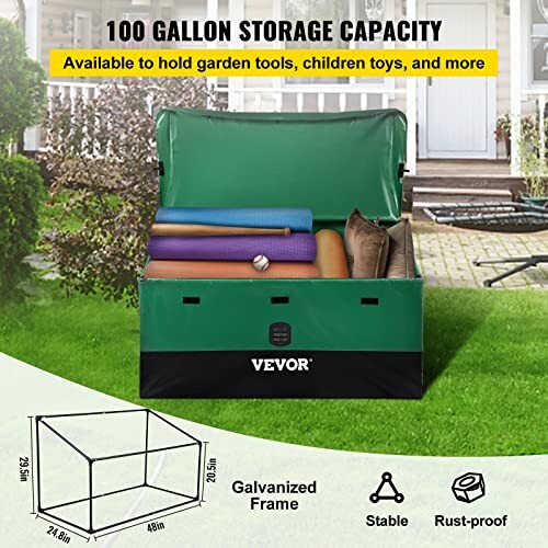 Boîte de rangement Vevor 100 gallons avec tapis et coussins.