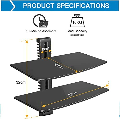 Étagère murale avec capacité de charge de 16 kg et dimensions de 28 cm et 38 cm.