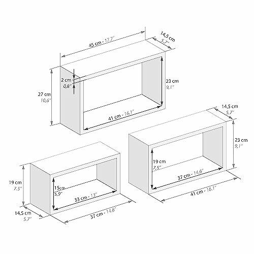 Diagramme des dimensions des étagères murales en trois tailles.