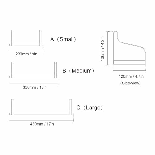 Diagramme des dimensions des étagères murales petites, moyennes et grandes.