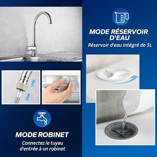 Caractéristiques du distributeur d'eau, y compris le réservoir et le robinet.