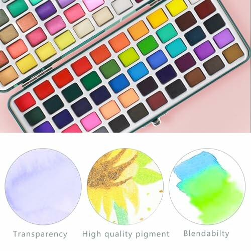 Palette de peinture aquarelle avec couleurs vives et diversifiées.