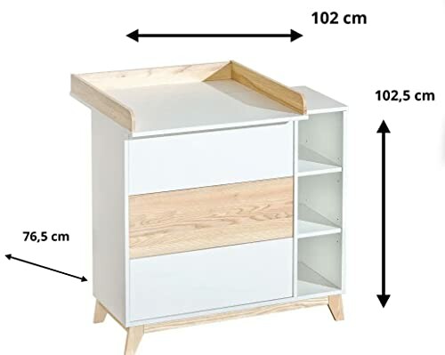 Table à langer blanche avec dimensions en centimètres.