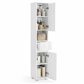 Armoire de rangement blanche avec portes ouvertes, remplie de produits de toilette.