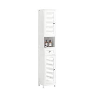 Armoire de rangement blanche pour salle de bain avec étagères et portes.