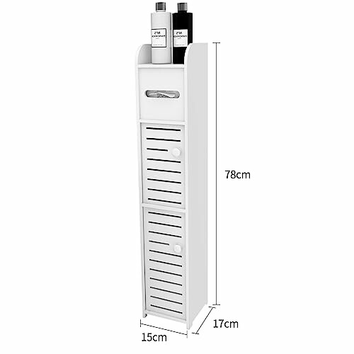 Armoire de rangement blanche pour salle de bain avec trois étagères et articles de toilette sur le dessus.