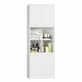 Armoire de rangement blanche avec étagères et portes fermées.