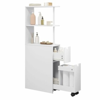 Armoire de rangement blanche pour salle de bain avec étagères et tiroirs.