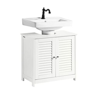 Meuble-lavabo blanc avec évier et robinet noir.