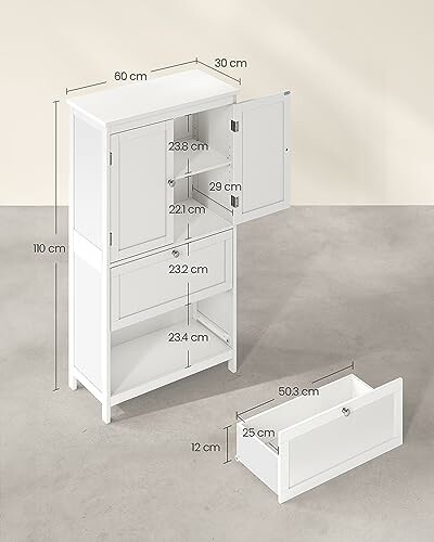 Meuble blanc avec dimensions indiquées.