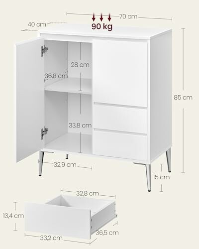 Dimensions d'un meuble blanc avec tiroirs ouverts