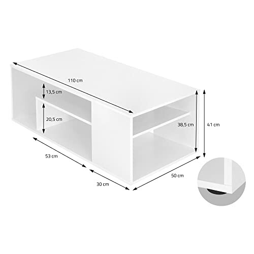 Table basse blanche avec dimensions indiquées.