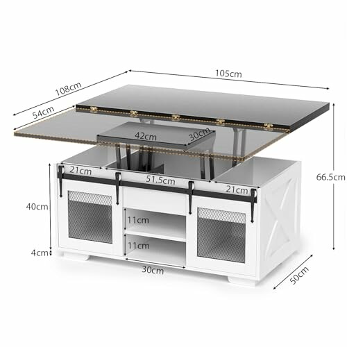 Table basse blanche avec dimensions montrées.