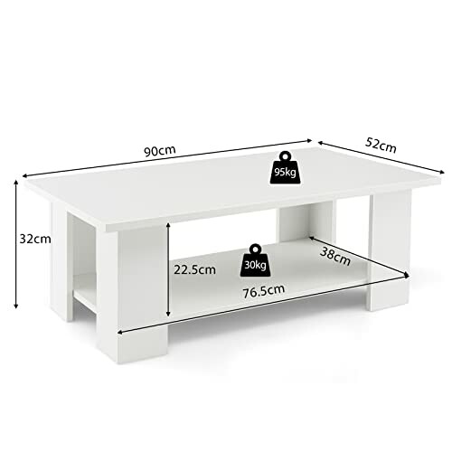 Table basse blanche avec dimensions et poids maximum indiqués