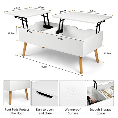 Table basse blanche avec espace de rangement et surface étanche.