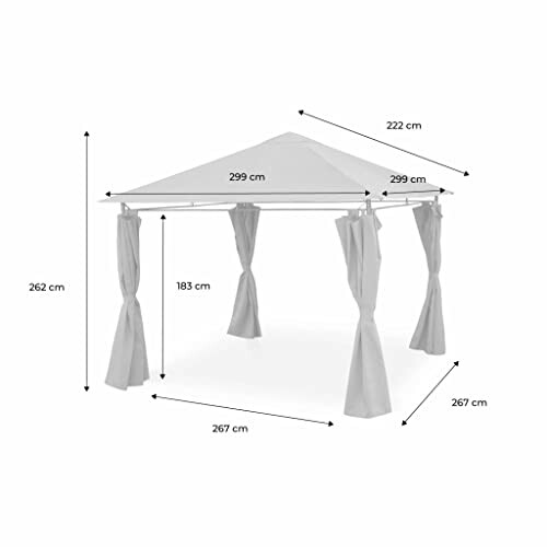 Dimensions d'un gazebo blanc avec rideaux.