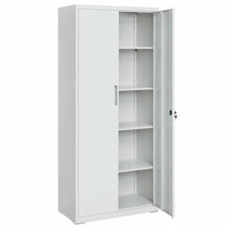 Armoire de rangement en métal blanc avec étagères.