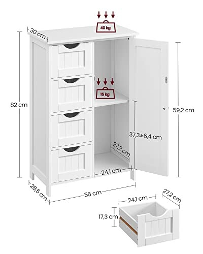 Armoire de rangement blanche avec dimensions et capacités de poids