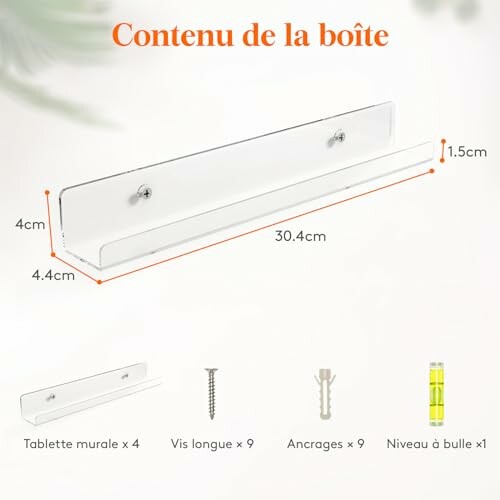 Kit d'installation d'étagère murale blanche avec vis, chevilles et niveau à bulle.