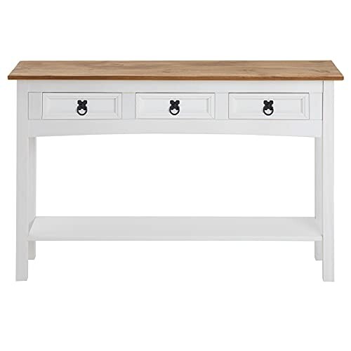 Table console blanche avec trois tiroirs et étagère inférieure.