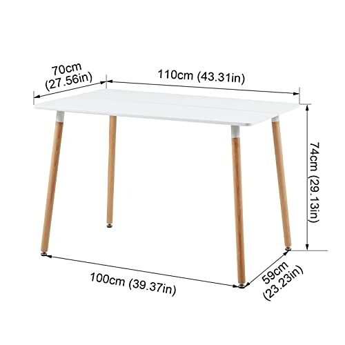 Table blanche avec pieds en bois et dimensions indiquées