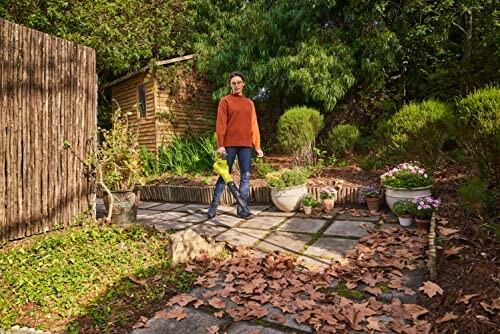 Femme utilisant un souffleur de feuilles dans un jardin.
