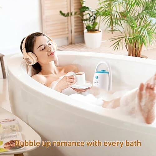 Femme écoutant de la musique dans un bain moussant.