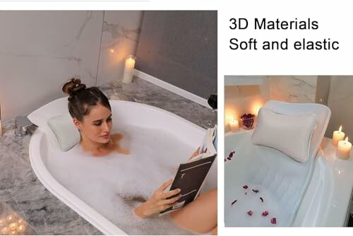 Femme se relaxant dans un bain avec un oreiller, entourée de bougies.