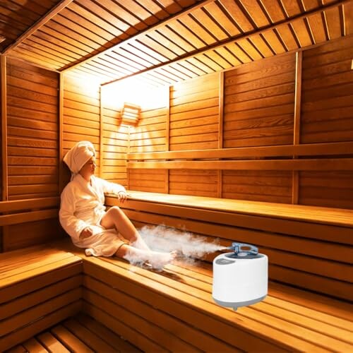 Femme se détendant dans un sauna en bois avec générateur de vapeur.