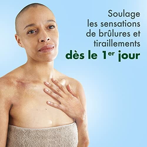 Femme apaisant la peau avec texte en français.