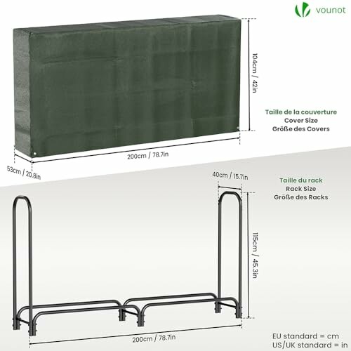 Dimensions de la couverture de support à bois et du support métallique.
